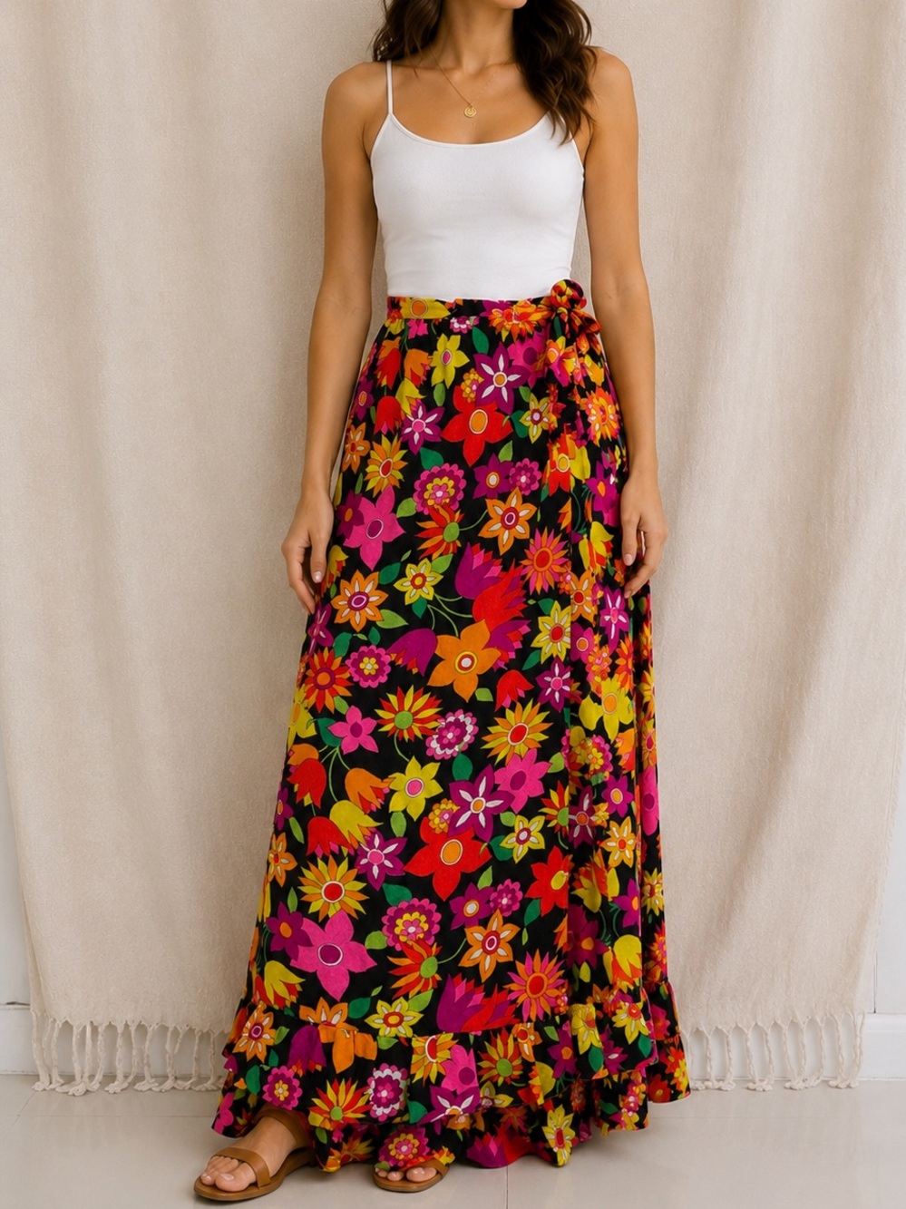 Vintage Floral Wrap Maxi Skirt in Bright Multi size s